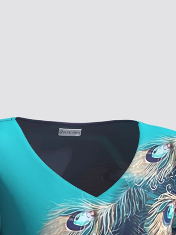 Thumbnail: Plus Size Women's Dressy Blue Ombre Feather Print V-Neck Double Layer Flower To
