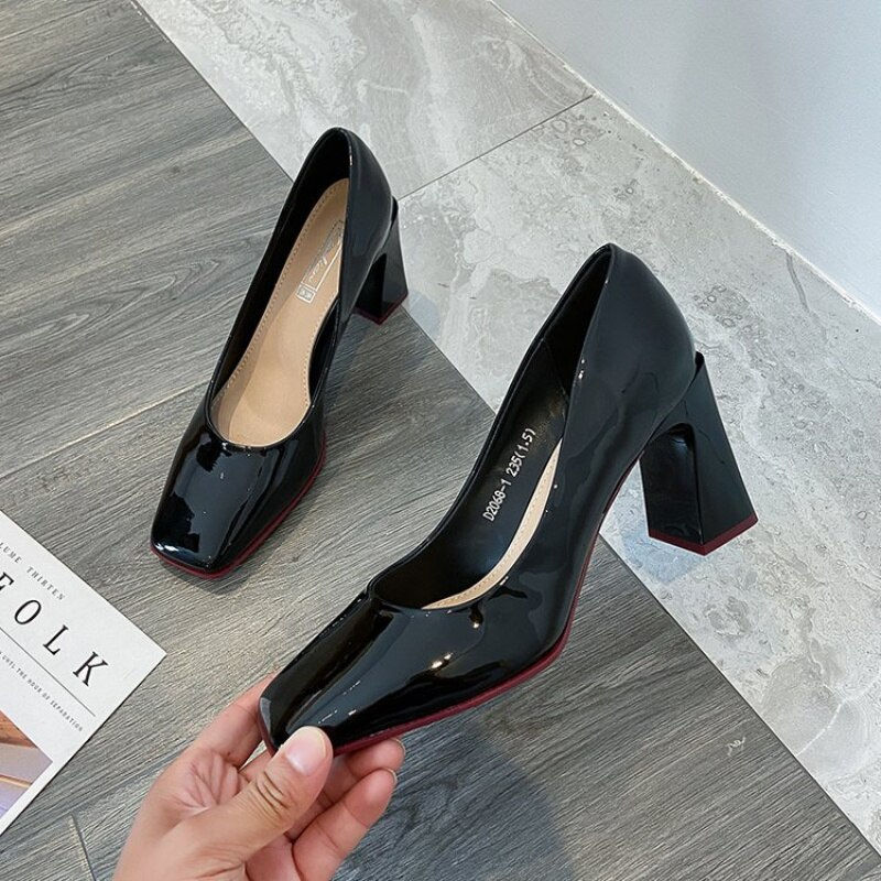Thumbnail: Square Toe Pumps Women's Korean-Style Patent Leather High Heels Chunky Heel Ped