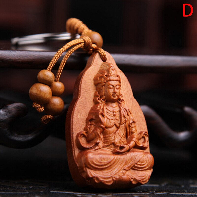 Thumbnail: Lucky Wood Carving Buddha Pendant Keychain Jewelry Buckle Unisex Chinese