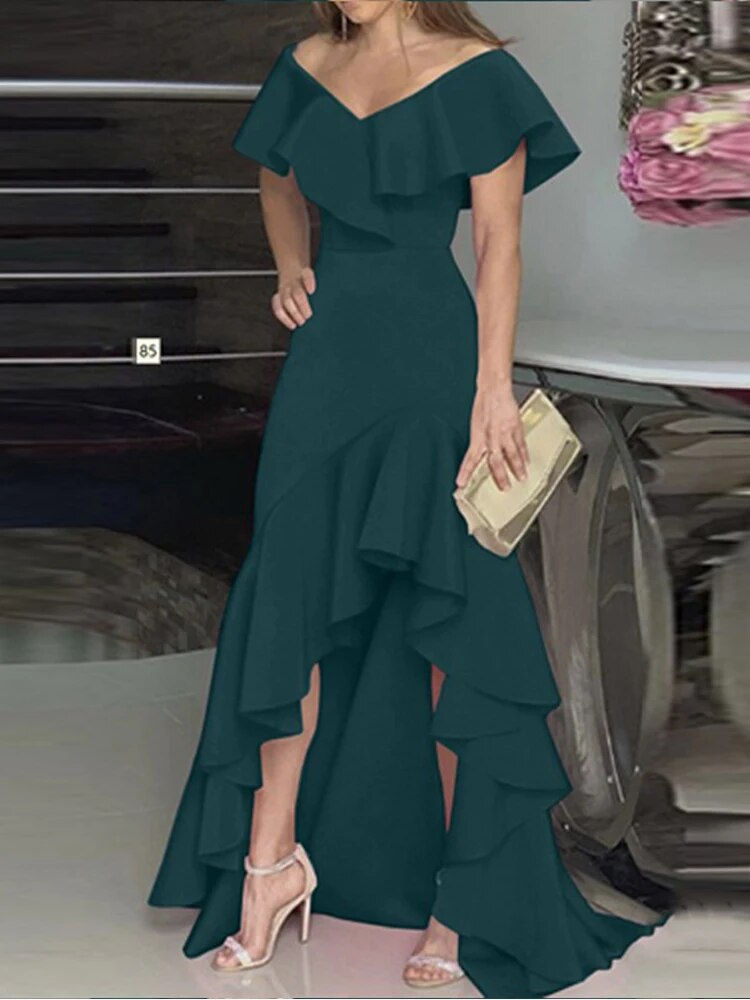 Miniaturebillede: 2023 Autumn New European and American Style V-Neck Long Dress with Ruffled Edge
