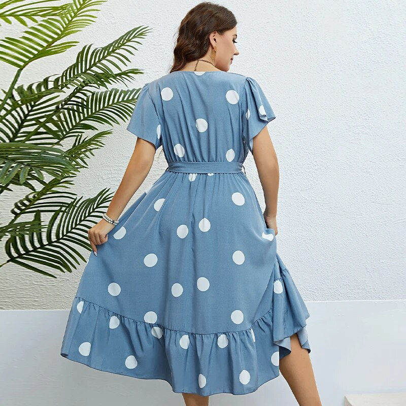Μικρογραφία: 2023 Short Sleeves Polka Dot Informal Plus Size Midi Dress V-neck Collar Women'