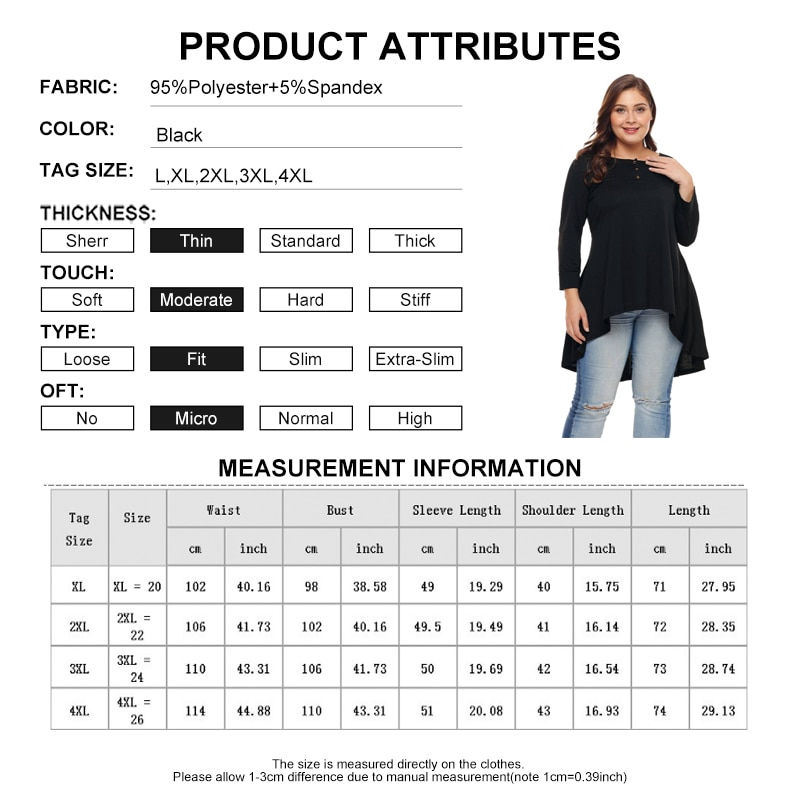 Thumbnail: Asymmetrical Plus Size Tunic Tops Women's Tshirt Spring Chemise Long Sleeve T S