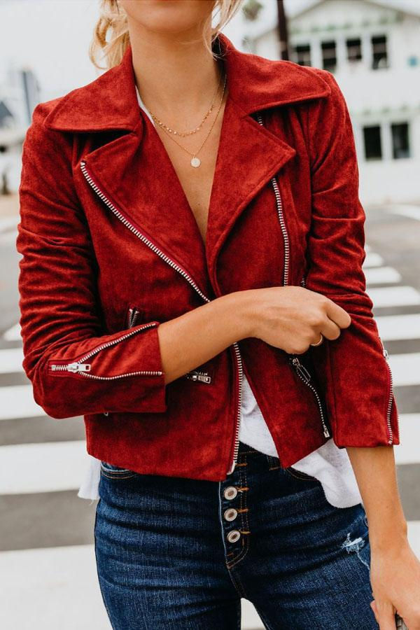 Thumbnail: Winter Women Lapel Faux Suede Short Jacket Motorcycle Zipper Slim Leather Lapel
