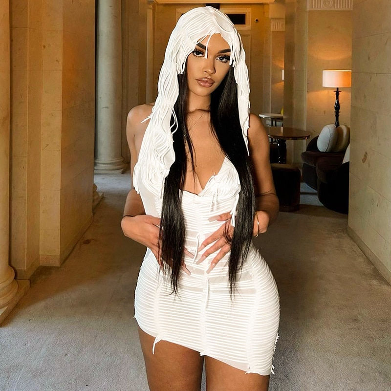 Miniatura: CUTENOVA White Hooded  Swinging Collar Sleeveless Tassel Design Cascading Elega