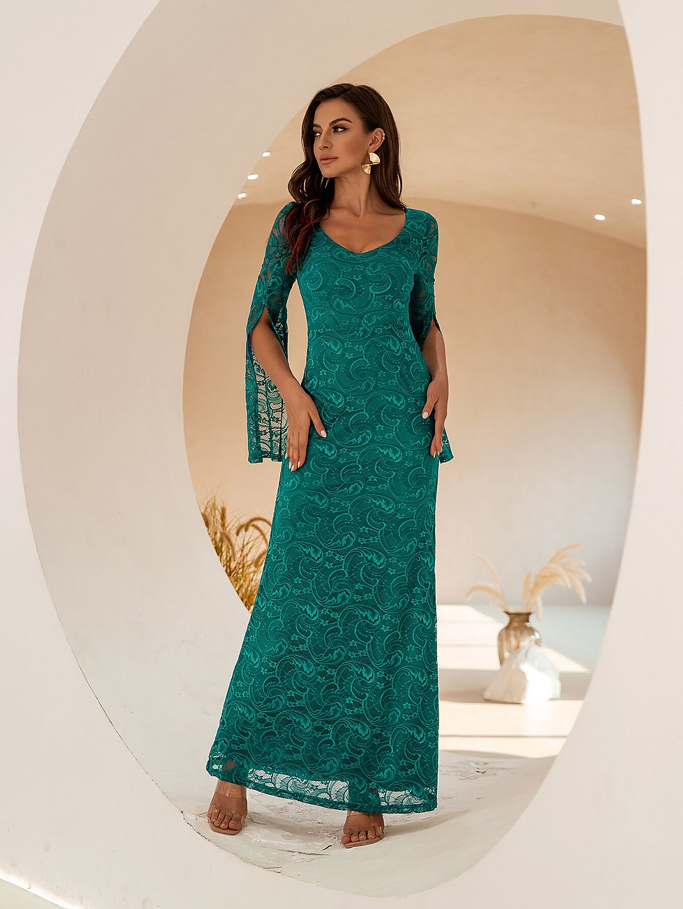 Thumbnail: Angel-fashions Women's Elegant Party Gown V Neck Floral Lace Illusion Cloak