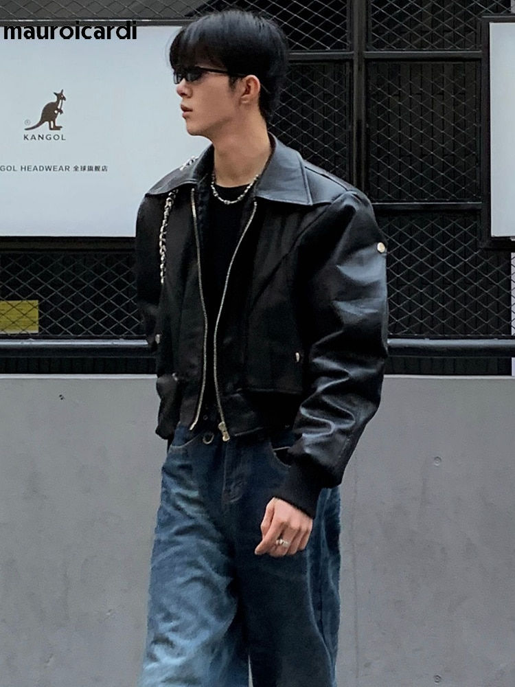 Thumbnail: Mauroicardi Spring Autumn Cool Waterproof Black Pu Leather Jacket Men Shoulder