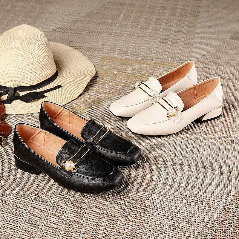 Thumbnail: Black Heels Pumps Women Low Block Slip on Loafers Moccasins White Leather Elega
