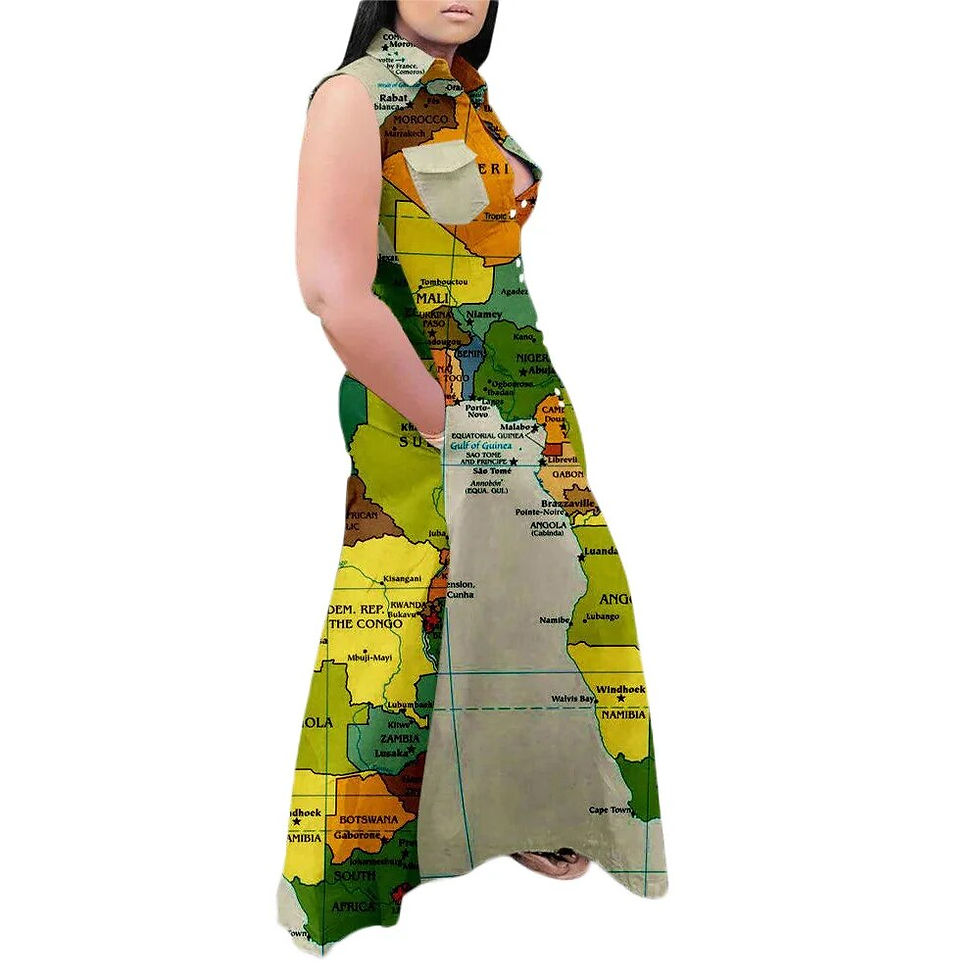 Thumbnail: Fashion Summer Plus Size Dress Casual Map Printing Sleeveless Lapel Shirt Maxi