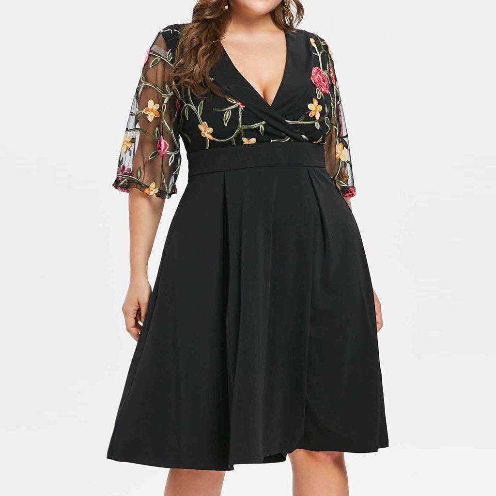 Women Dress Casual Floral Short Sleeve Lace Hollow Out Plus Size 5xl Solid Appl