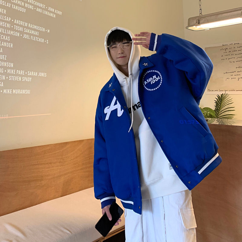 Thumbnail: Klein Blue Baseball Uniform American Retro Design Small Lapel Embroidered Jacket
