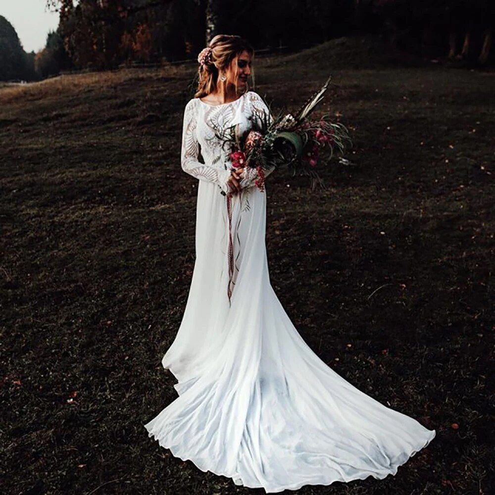 Long Lace Sleeves Bohemian A Line Chiffon Wedding Dress Scoop Neck Buttons Mode