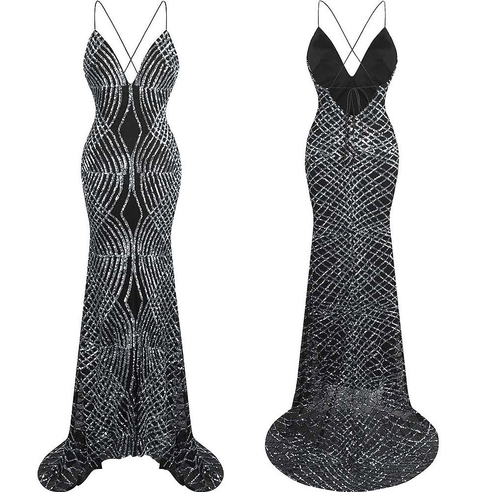 Thumbnail: Angel-fashions Spaghetti Strap Sparkly Sequin V Neck Crisscross Tie Back Court