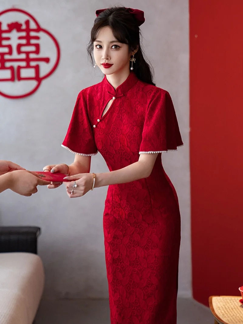 Thumbnail: Wine Red Mid Long Lace Wedding Cheongsam Women Slim Short Sleeve Dress Chinese