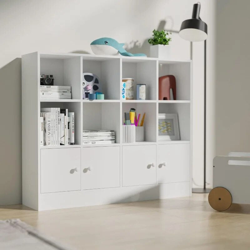 Miniatura: White Bookshelf with 12 Cubes and 4 Doors, 2-Tier Open Shelf Bookcase with Anti