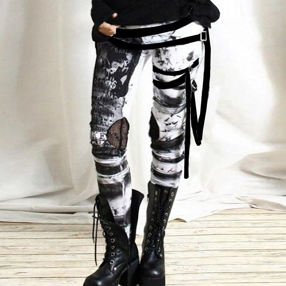 Plus Size Womens Autumn Gothic Leggings Steampunk High Waist Stretchy Slim Trou