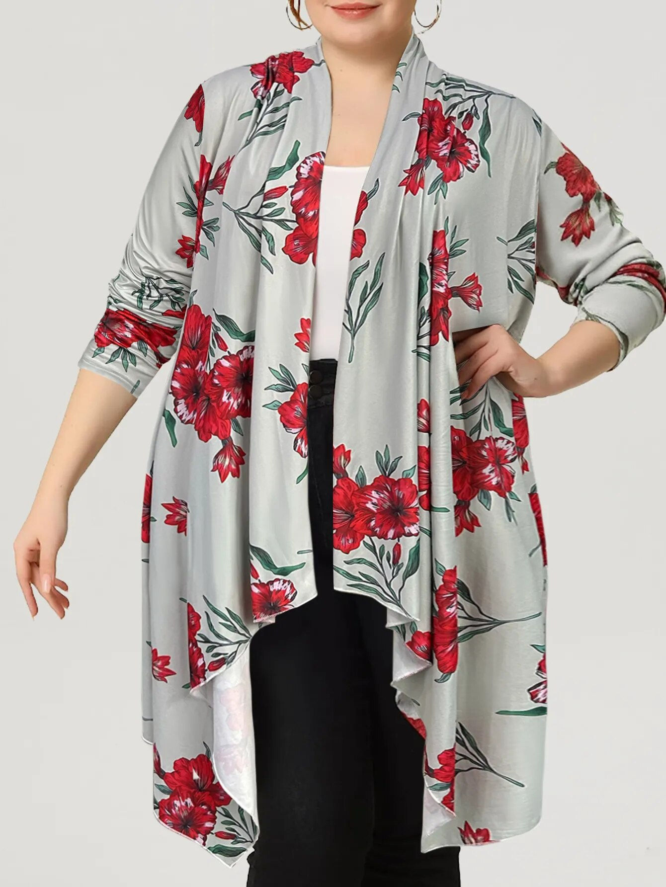 Plus Size Elegant Cardigan, Women's Plus Floral Print Long Sleeve Lapel Collar
