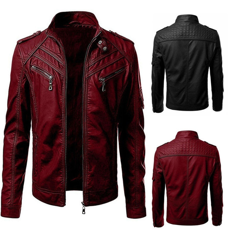 Thumbnail: Autumn Winter Men's Leather Jacket Casual Fashion Stand Collar Motorcycle Jack