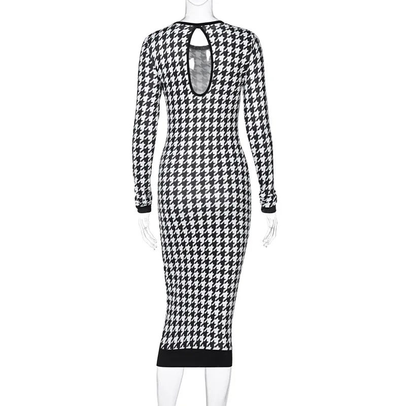 Thumbnail: Houndstooth Print Women Long Sleeve Midi Dress Hollow Out Bodycon Sexy Streetwe