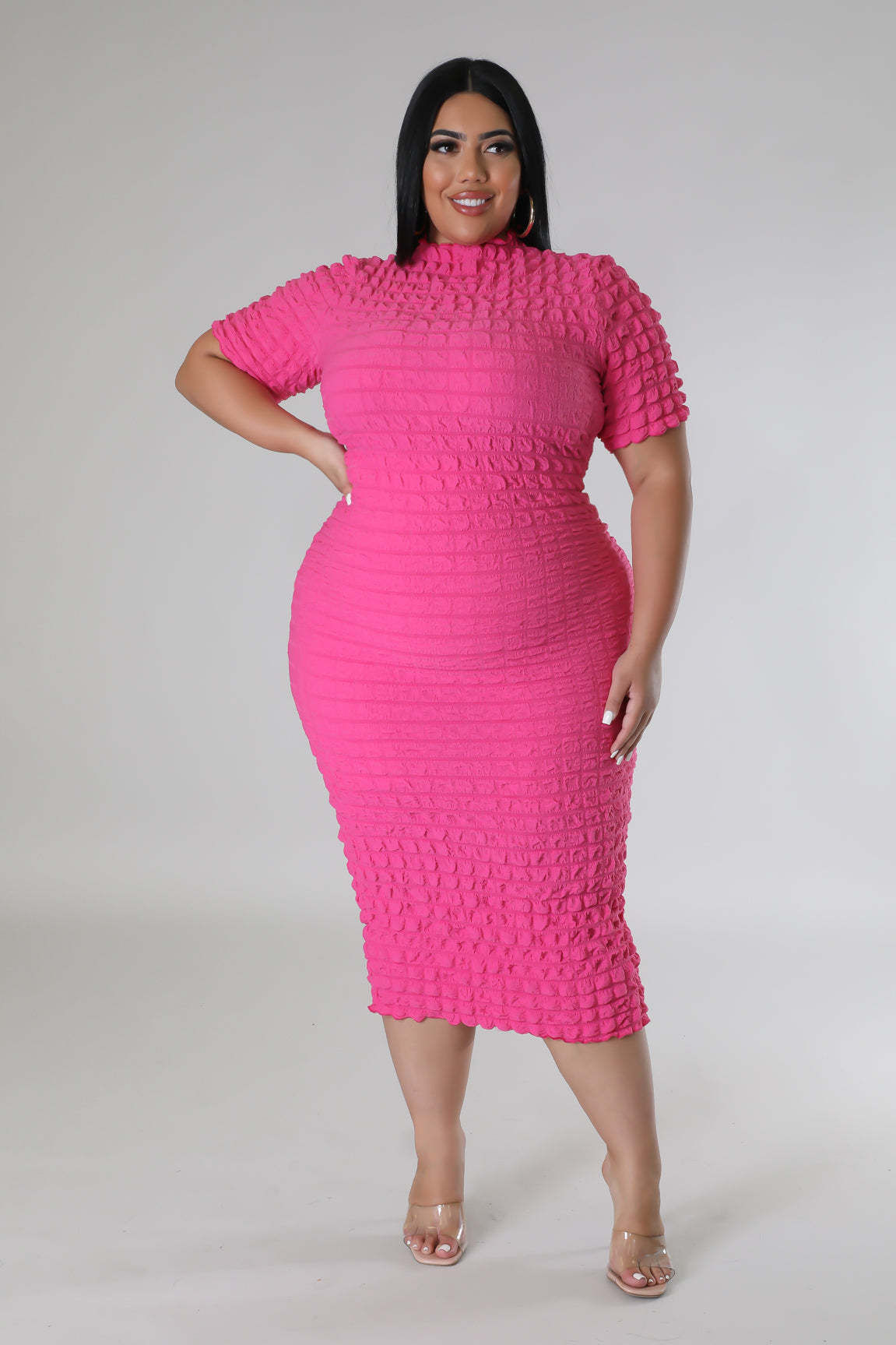 Perl Plus Size Round Neck Popcorn Bodycon Maxi Dress for Women Casual Slim Summ