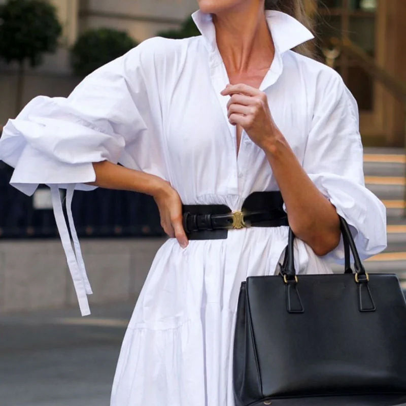 Sīktēls: Fashion Pure White Lapel Belt Dress