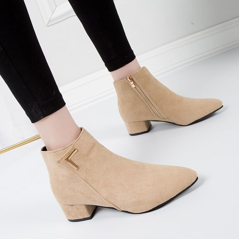 Thumbnail: Fashion Women Boots Casual Leather Low High Heels Spring Shoes Woman Pointed To
