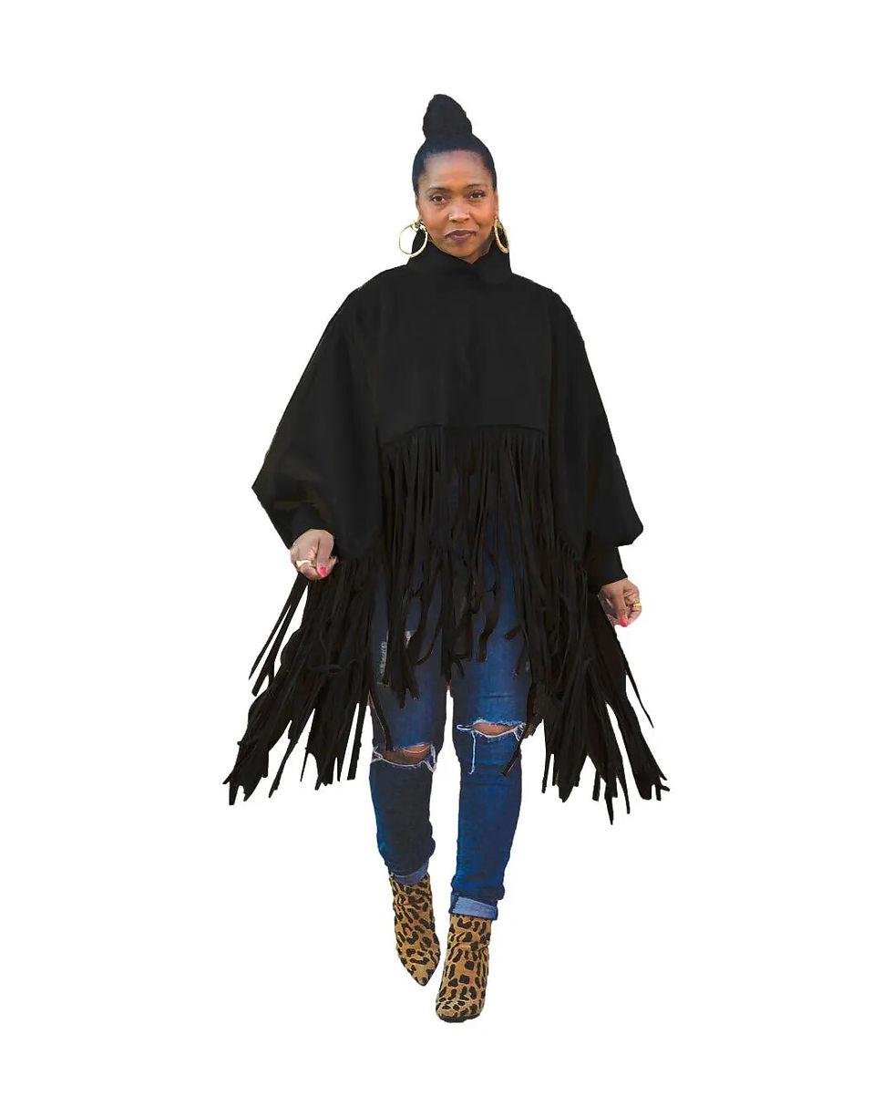 Thumbnail: Plus Size Women Clothing Fall Fashion High Neck Solid Color Long Sleeve Tassel