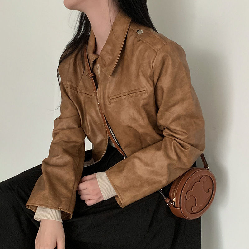 Minijatura: Women's Retro Hong Kong Style Lapel Long-sleeved Leather Jacket