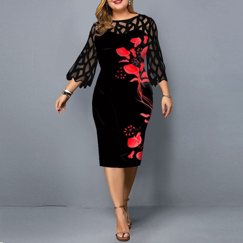 Round Neck 3/4 Sleeve Plus Size Dress Lace Sleeve Floral Print Dress Mesh Patch