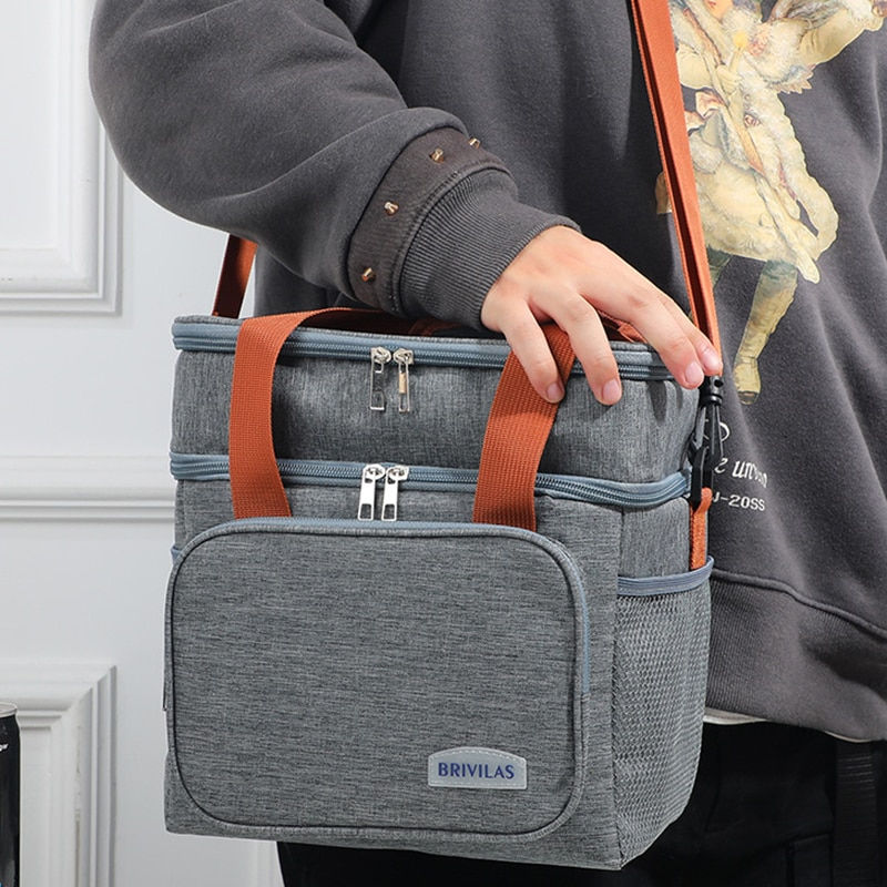 Thumbnail: Crosbody Lunch Bag Double Layer Large Capacity Hangbag Thermal Insulation Lunch