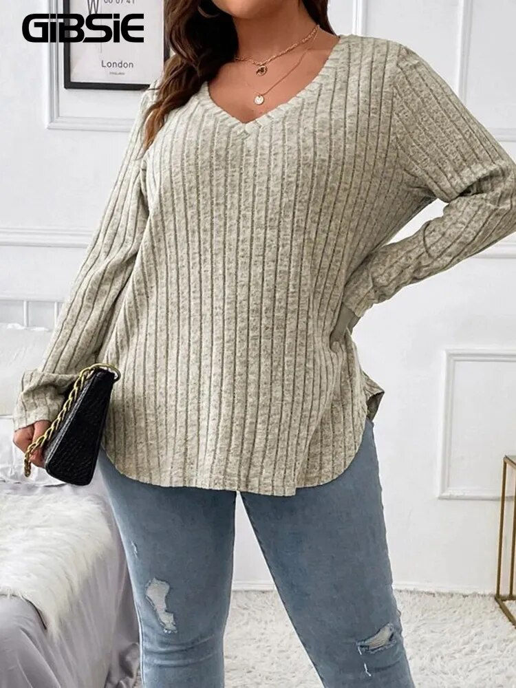 Imej kecil: GIBSIE Plus Size Women's Casual V-Neck Long Sleeve Tees Shirt 2023 Spring Autum