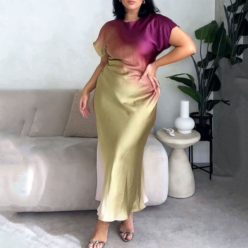 Stylezor Women Plus Size Dress Casual Fashion Summer Short Sleeve Gradient Roun