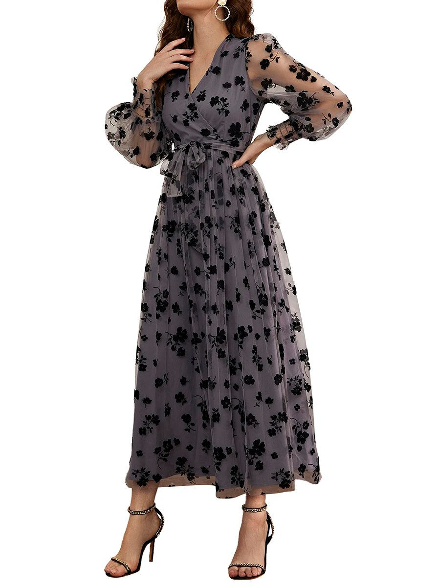 Thumbnail: Elegant Lace Off-Shoulder Midi Dress Vintage Ruffle Sleeve A-Line Cocktail Part