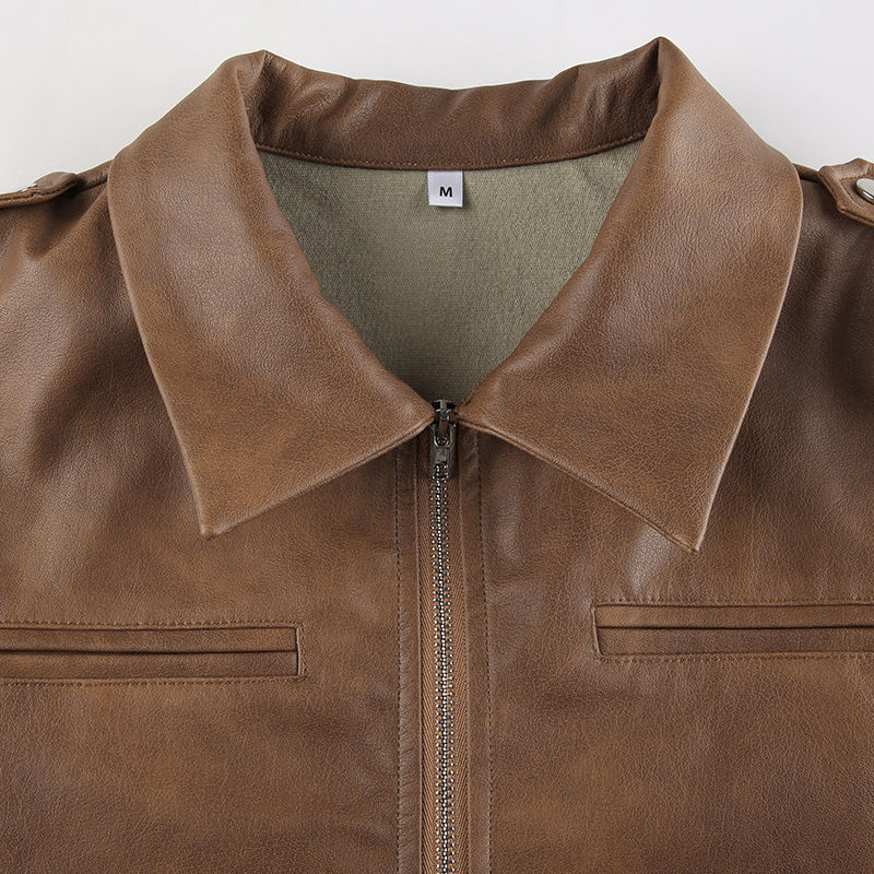 Minijatura: Solid Color Zipper Small Loose Lapels Fashion American Leather Coat Women's