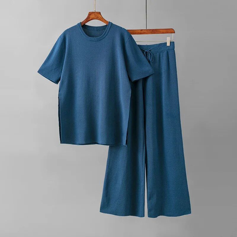 Thumbnail: GIGOGOU Basic Spring Summer Women Knit Short Sleeves Tracksuit Two Piece Pant S