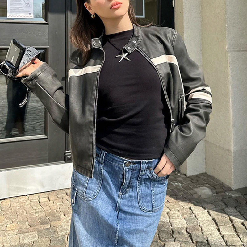 Minijatura: Women's Locomotive Style Stitching Loose Zip Leather Coat