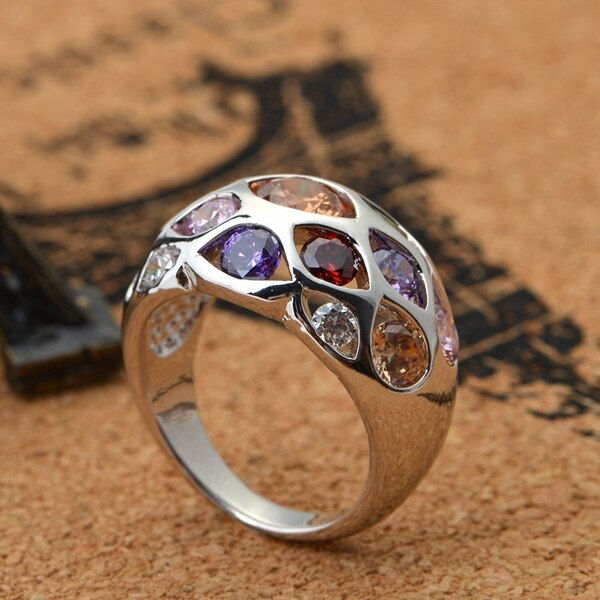 Thumbnail: USA STOCK Uloveido Silver Color Big Rings Women Multicolor Cubic Zirconia