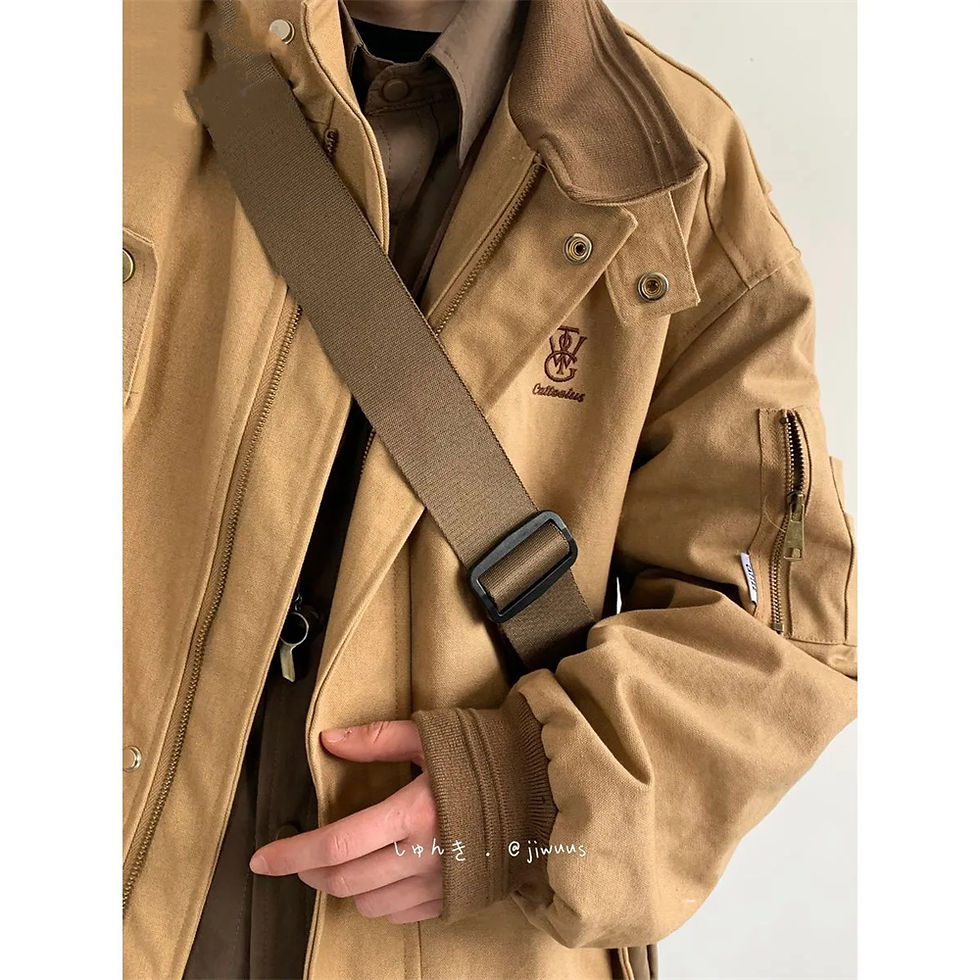 Thumbnail: Retro Embroidery Design Workwear Coat Polo Collar Color Block Jacket