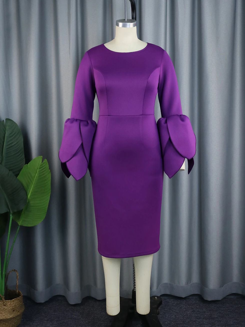 Thumbnail: Purple Midi Dresses for Women Plus Size O Neck Long Ruffles Sleeve Elegant Form