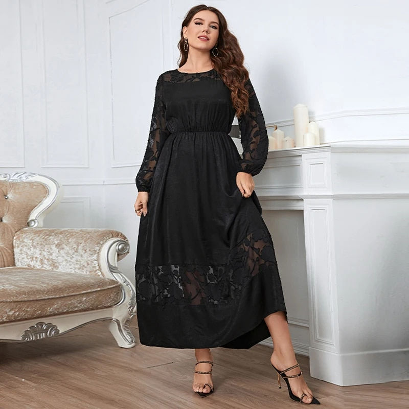 Μικρογραφία: New Sexy Lace Long Sleeve Luxury Clothes For Women O-neck Black Plus Size Eveni