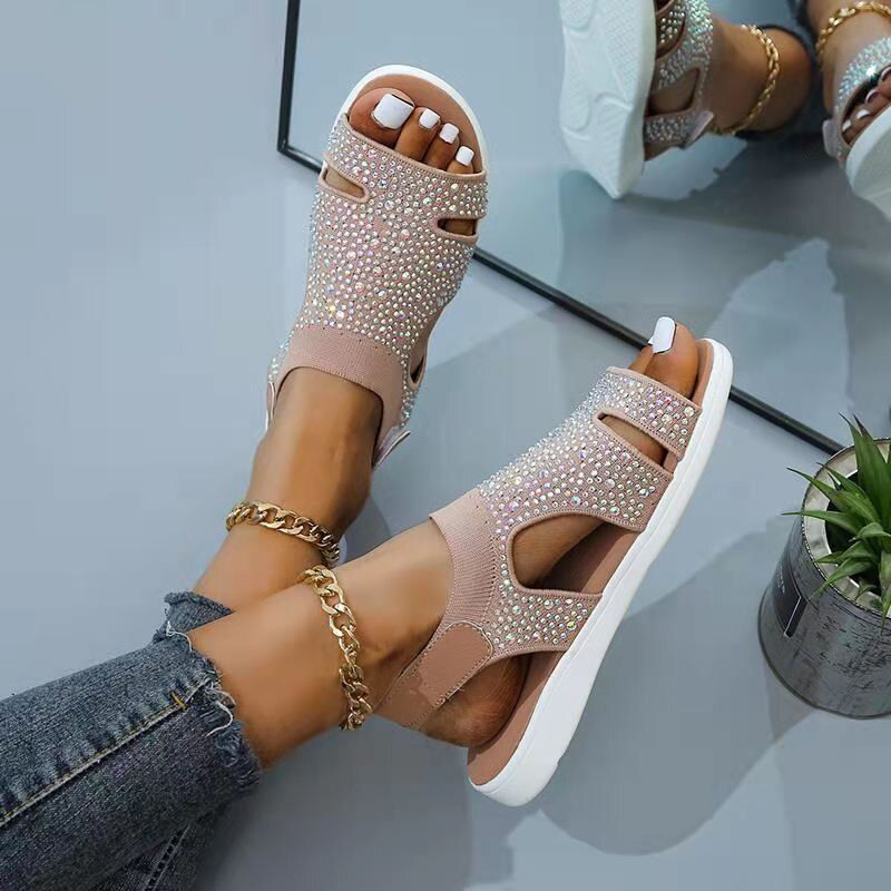Summer Ladies Fashion Velcro Sandals Flying Weaving Ironing Diamond Breathable