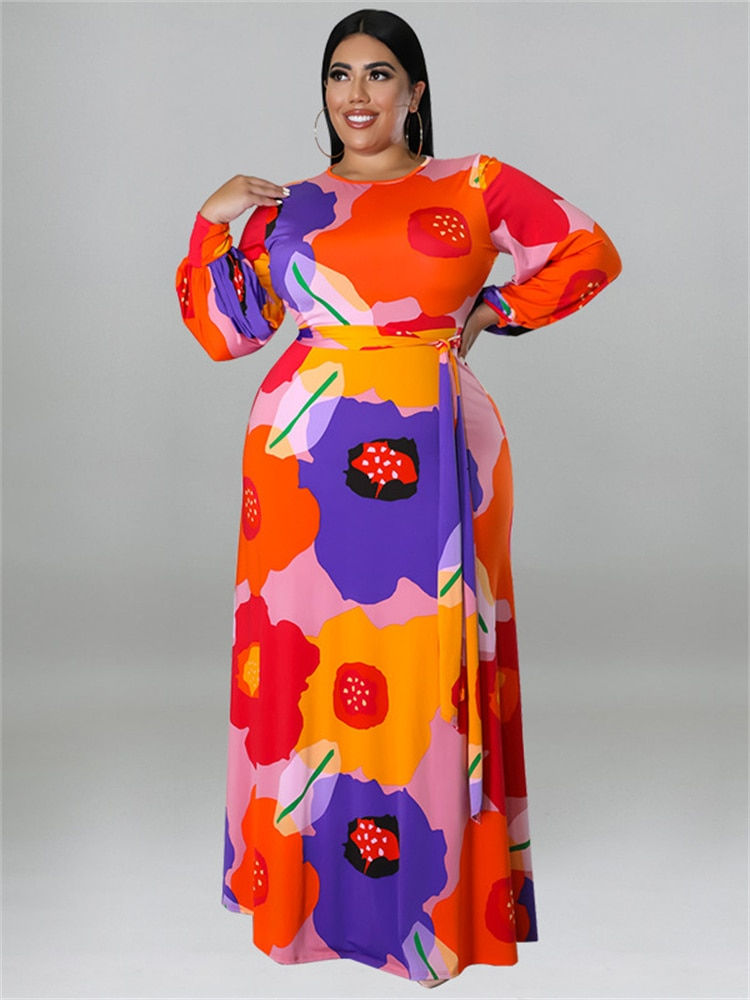 Miniatura: Wmstar Plus Size Dresses for Women Loose Long Sleeve Flower Print Big Hem Elega