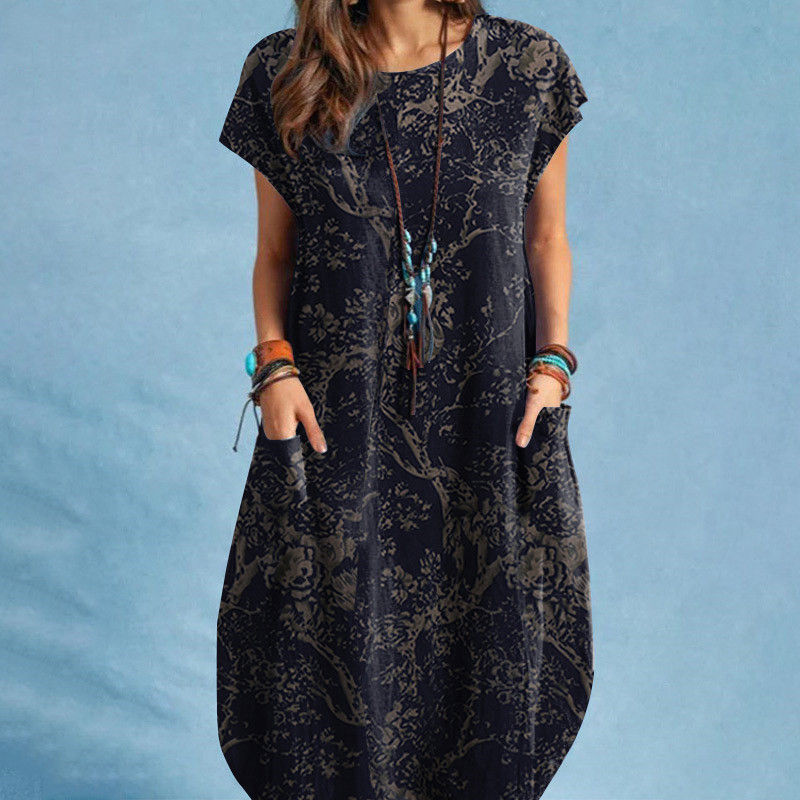 Women's New Fashion Cotton And Linen Plant Print Round Neck Pocket Short Sleeve