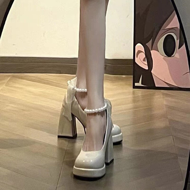 Thumbnail: New Women Pumps Mary Jane Platfoem Chunky Heel String Peal Riband Bow Ladies Sa