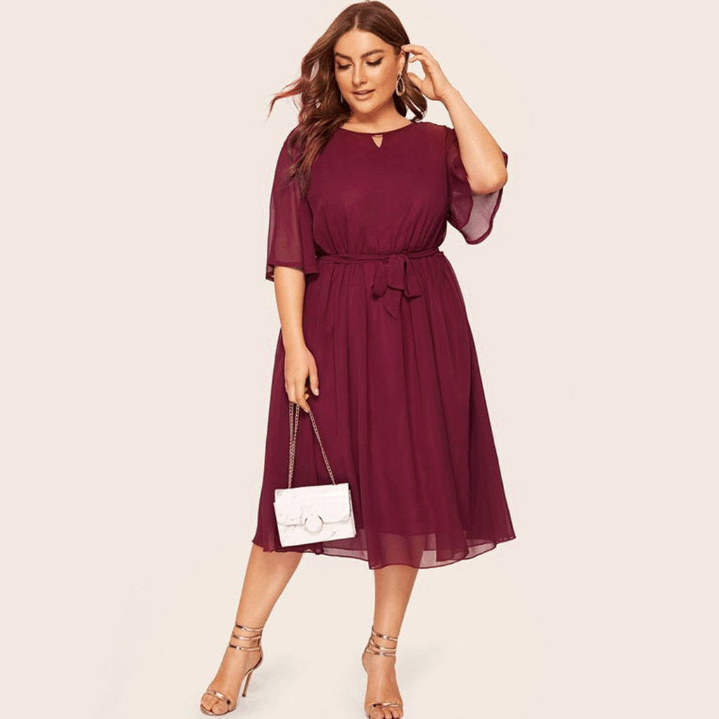 Solid Color Short Sleeve Knee Length Dress O-Neck Plus Size Women Summer Dresse