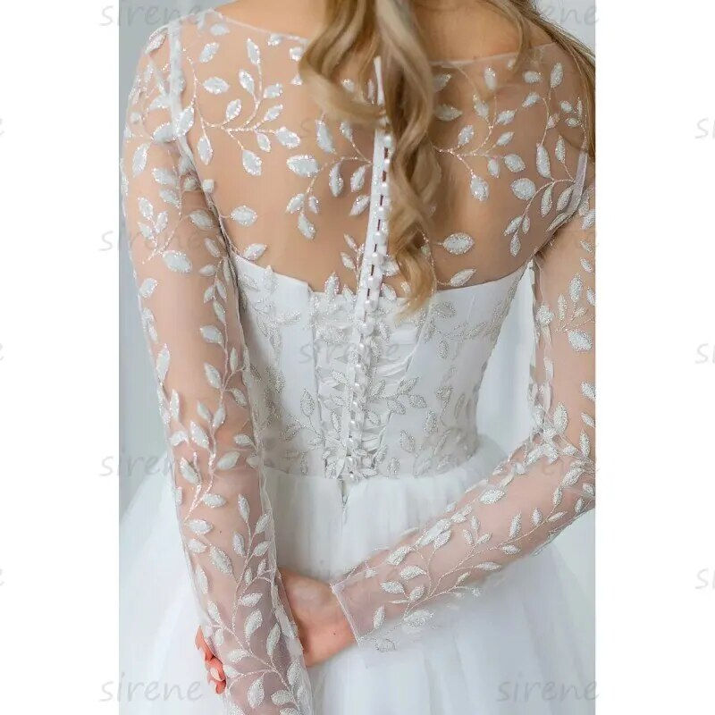 Miniatura: Short Wedding Dresses White A-Line O-Neck Long Sleeve Lace Applique Tulle Illus