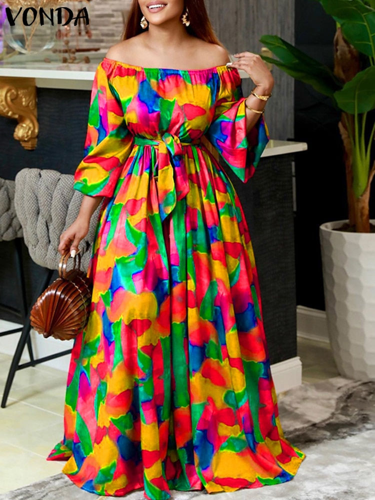 Thumbnail: VONDA Bohemian Maxi Robe Women Printed Party Dress 2023 Cute Off Shoulder Long