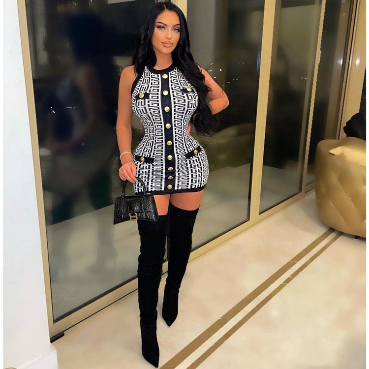 Μικρογραφία: Echoine Spring Women Knitted High Elasticity Slim Button Mini Dress 2023