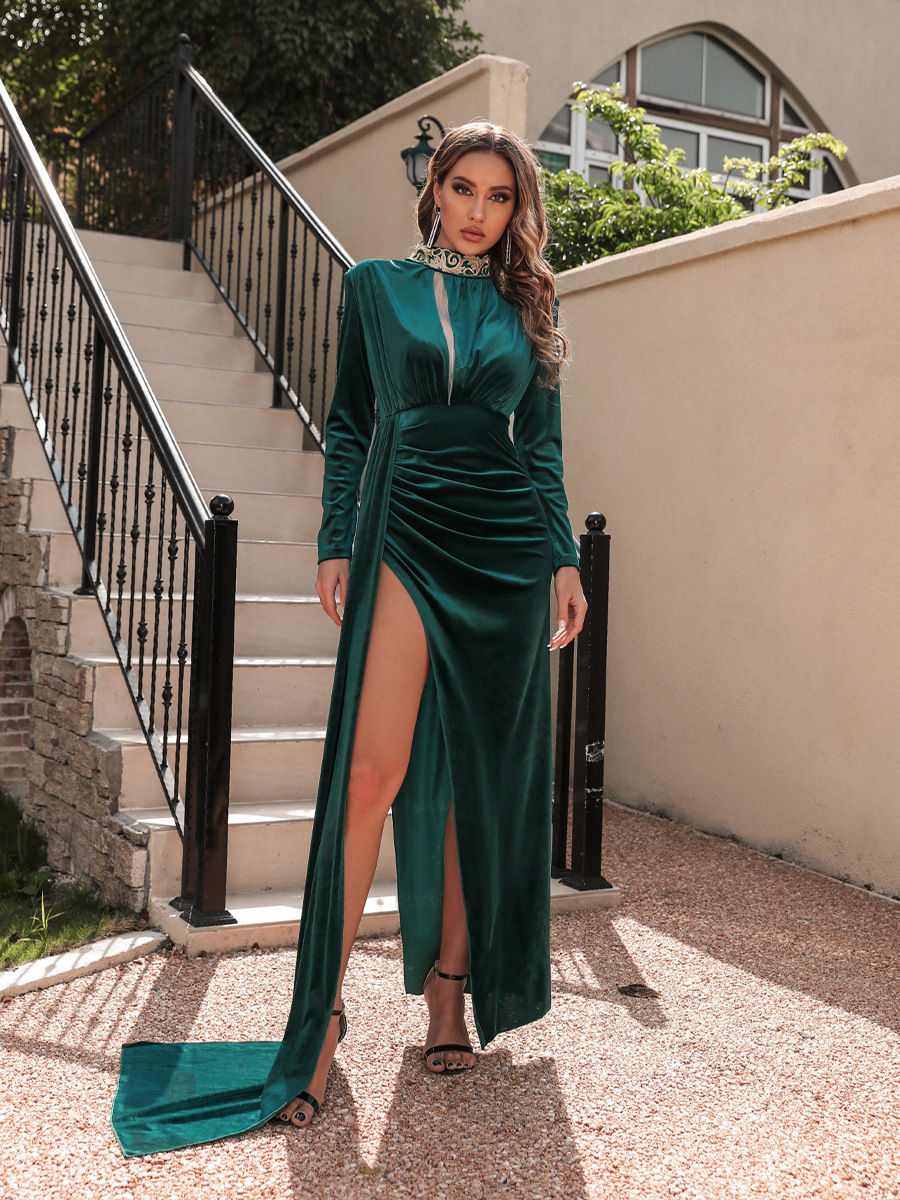 Thumbnail: Women's Korean Velvet High Neck Sexy Evening Dress