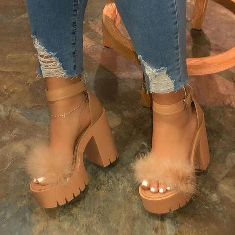 Miniatura: Woman Furry Sandals High Heels with Fur Female Platform Pumps Women Ankle