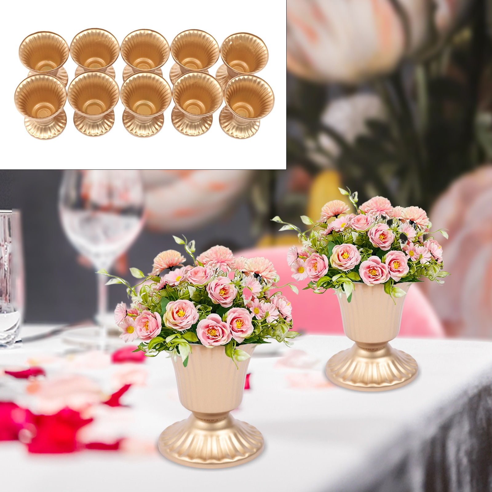 10pcs Creative Golden Flower Trumpet Vases Desktop Wedding Party Centerpieces H